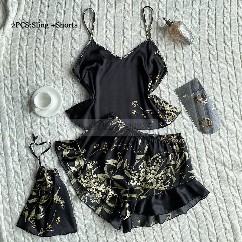 Four Pieces Pajamas Set Printed Little Cherry Sleepwear Women Satin Nightgown With Suspender Sling&Shorts Summer Home Clothes Black Cherry D