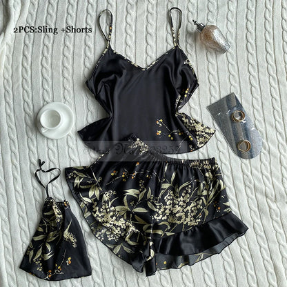 Four Pieces Pajamas Set Printed Little Cherry Sleepwear Women Satin Nightgown With Suspender Sling&Shorts Summer Home Clothes Black Cherry D