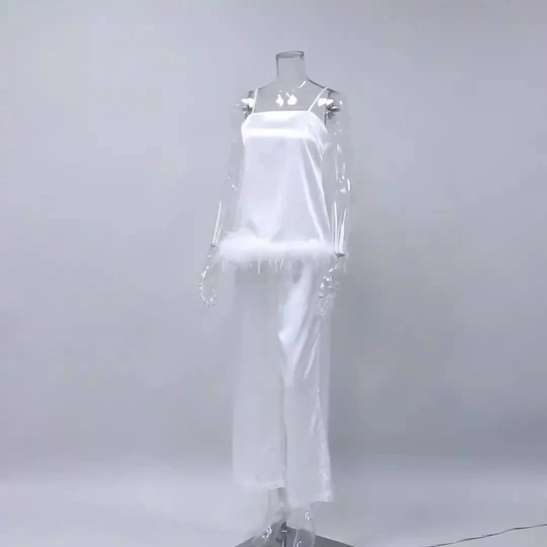 Satin Pajamas With Feathers Sleepwear Women Sets With Pants Black Spaghetti Strap Home Suit White Trouser Suits 2022