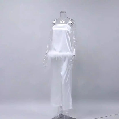 Satin Pajamas With Feathers Sleepwear Women Sets With Pants Black Spaghetti Strap Home Suit White Trouser Suits 2022