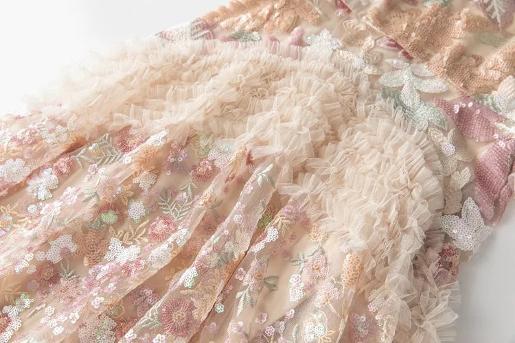 IEQJ Fashion Pink Embroidered Sequins Dress Women's Round Neck Ruffles Half Sleeves Ankle-length Dresses New 3A132 Badiee Stylez