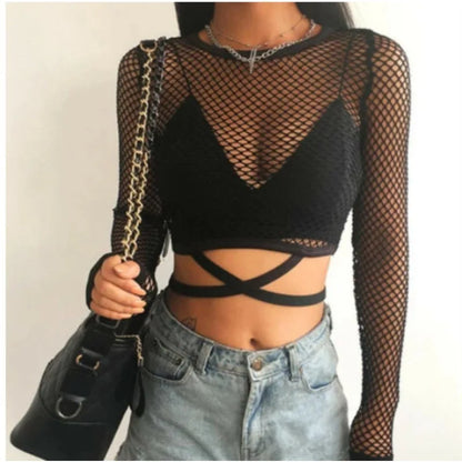 Sexy Grid Hollow Out Cross Strap Bare Midriff T Shirt Women Long Sleeves Bottoming Shirt Ladies Tee Shirt Tops Camisetas Mujer