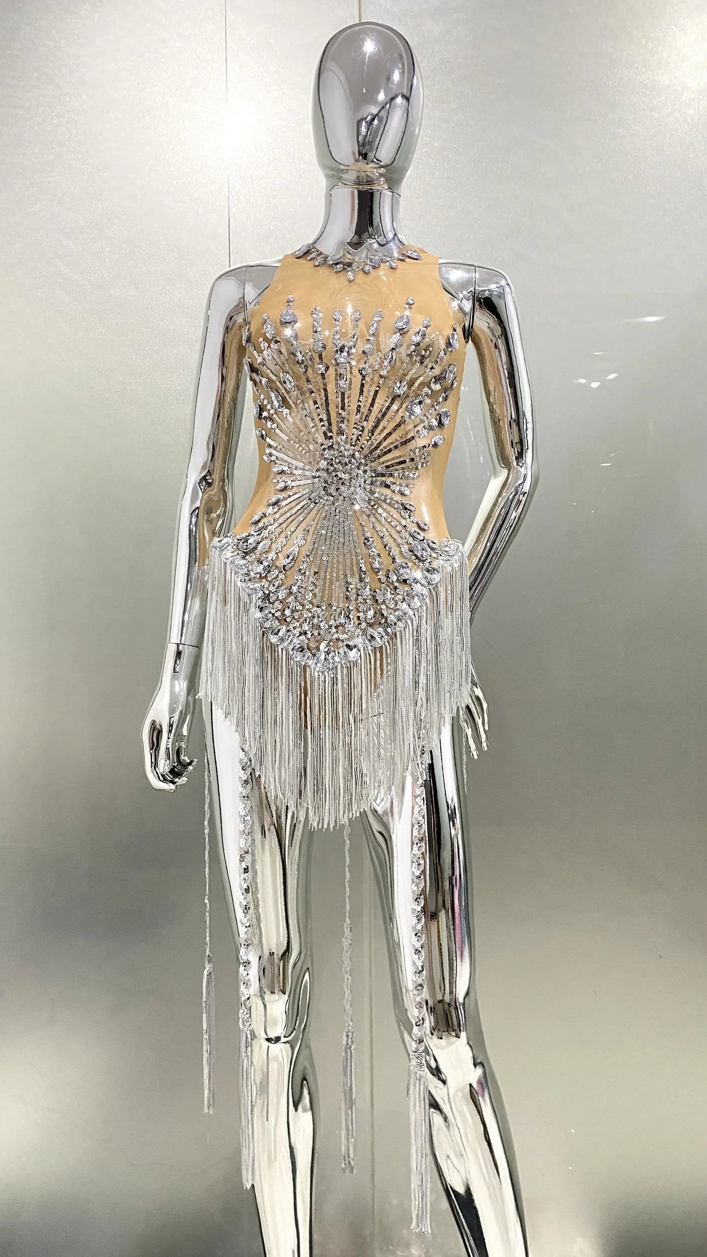 Sliver Sequins Shining Diamonds Long Tassel Sleeveless Mini Dress High Quality Evening Dress Woman Birthday Party Outfit