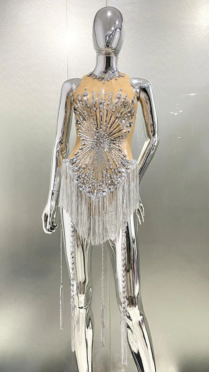 Sliver Sequins Shining Diamonds Long Tassel Sleeveless Mini Dress High Quality Evening Dress Woman Birthday Party Outfit
