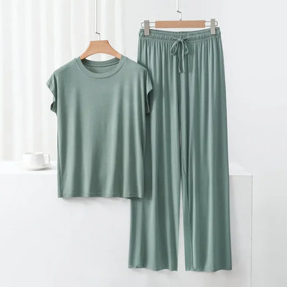 Modal Homewear set O-neck Tshirts short sleeves and Wide leg pants Loose sleepwear Casual streetwear suit all match light green