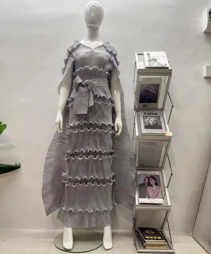 EGRM Miyake Solid Pleated French Three-dimensional Fungus Edge Cake Dress Women's Loose Long Dresses 2025 Summer New 6R8109