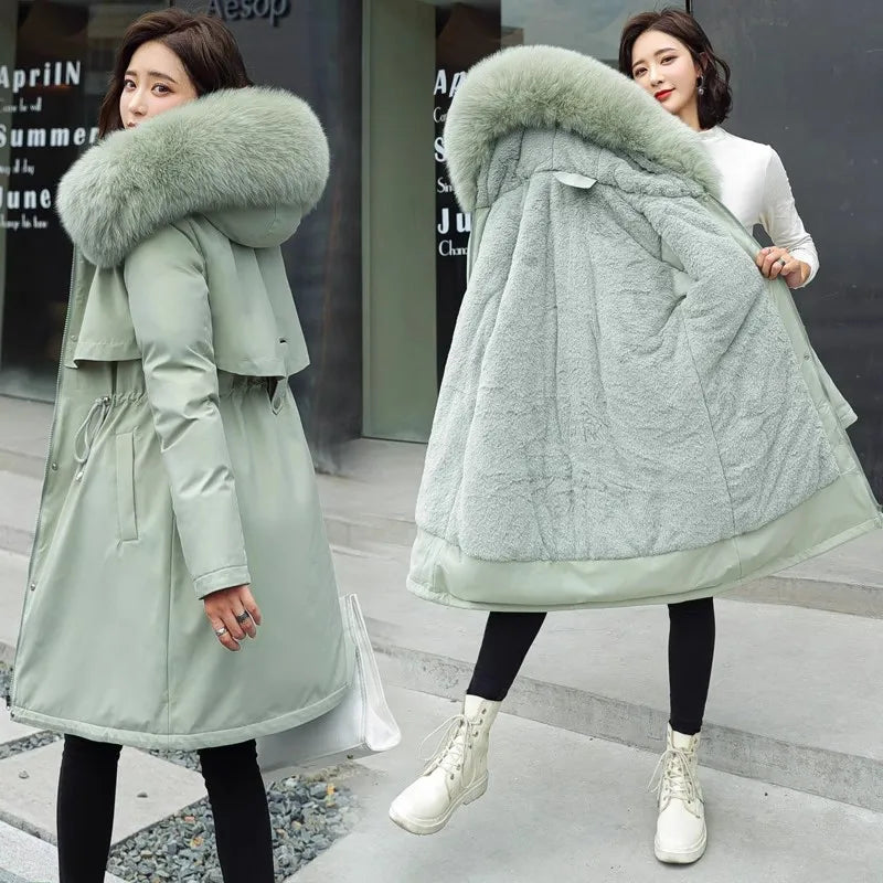 Thiened Fce Women's Cotton Jaet Korean Sle Slim Fit Mid-Length Parka Coat Warm Casual Outerwear for Winter Season