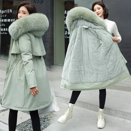 Thiened Fce Women's Cotton Jaet Korean Sle Slim Fit Mid-Length Parka Coat Warm Casual Outerwear for Winter Season