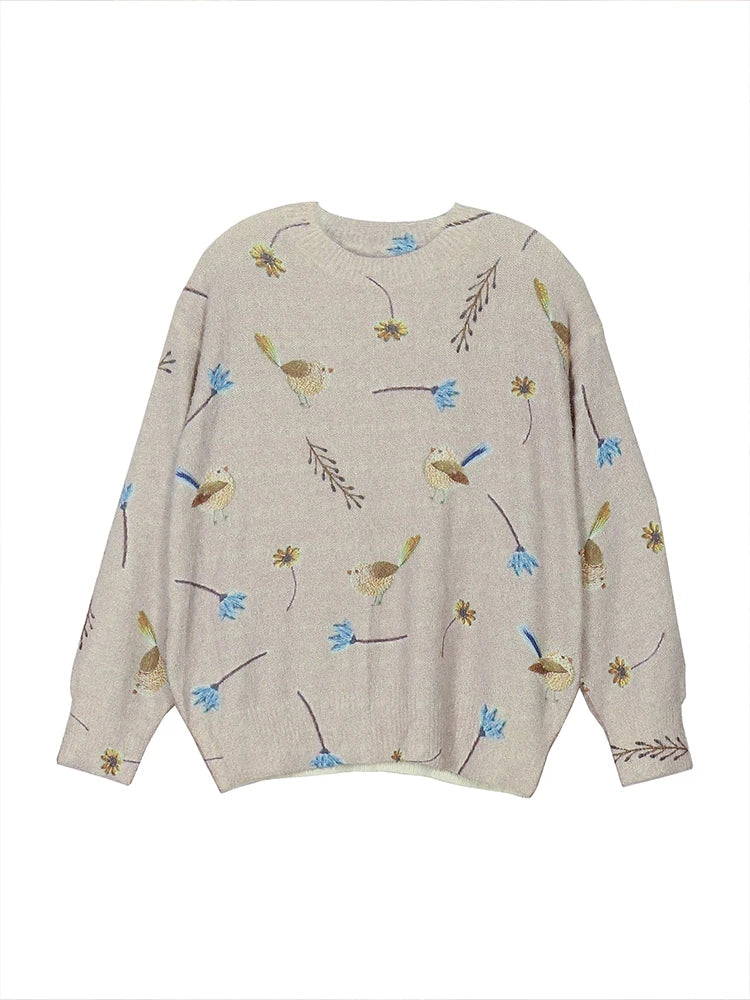 plus Size Bird Print round Neck Pullover Sweater Elegant Long Sleeve Autumn Spring New 2024 Women's Fashion