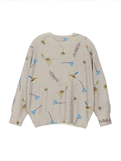 plus Size Bird Print round Neck Pullover Sweater Elegant Long Sleeve Autumn Spring New 2024 Women's Fashion