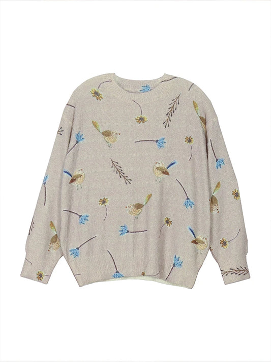 plus Size Bird Print round Neck Pullover Sweater Elegant Long Sleeve Autumn Spring New 2024 Women's Fashion