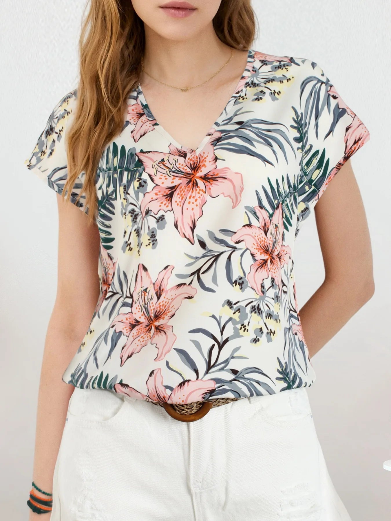 Women All Over Floral Print V Neck Batwing Sleeve Blouse Ladies Tops Shirts WHITE