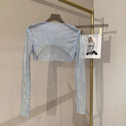 2023 new sexy bright diamond short top Slim thin Ms. hot drill long-sleeved T-shirt sexy leak waist nightclub Sky-Blue One Size