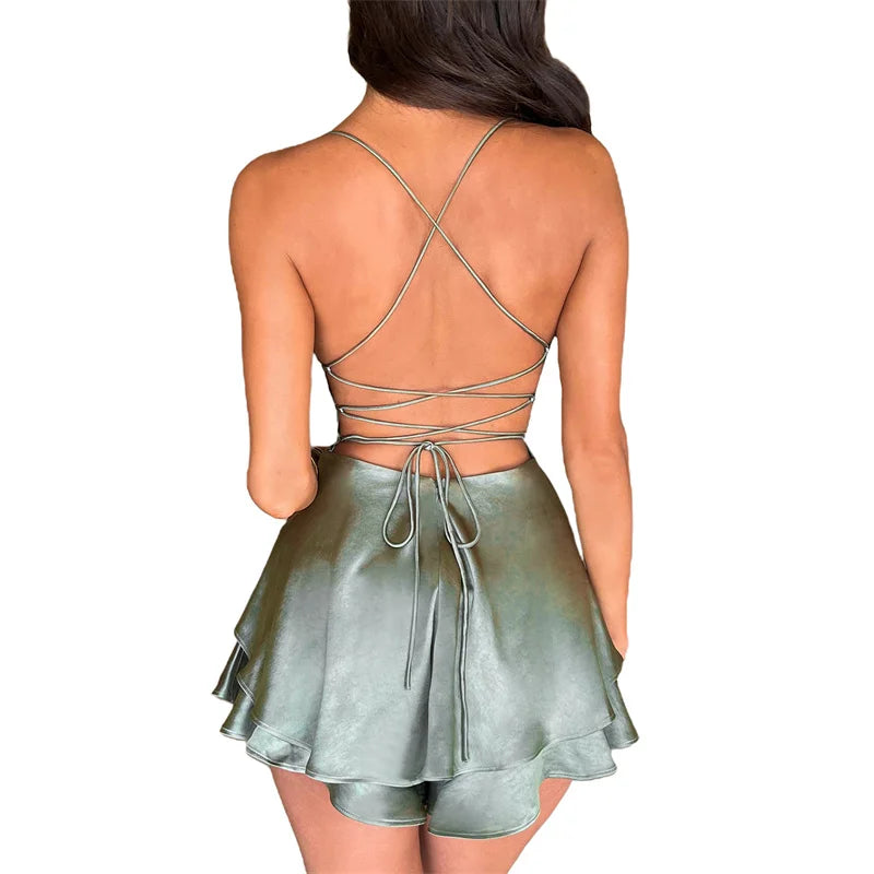 Women Solid Color Cami Playsuits Backless Women Sexy Spaghetti Strap Sleeveless Halter Shorts Jumpsuit Ruffle Romper Clubwear