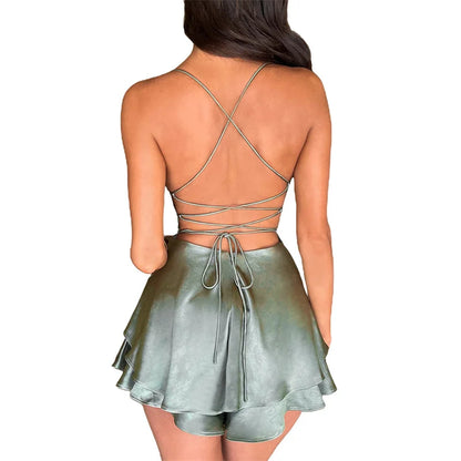 Women Solid Color Cami Playsuits Backless Women Sexy Spaghetti Strap Sleeveless Halter Shorts Jumpsuit Ruffle Romper Clubwear