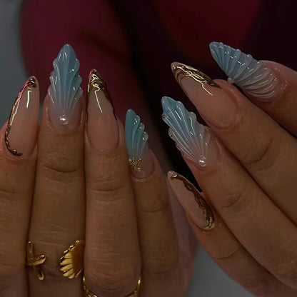 24pcs Romantic Y2k Star Press On Nails Gradient Blue French Style Gold Moon Designs Fake Nail Sweet Almond False Nails For Women Y26