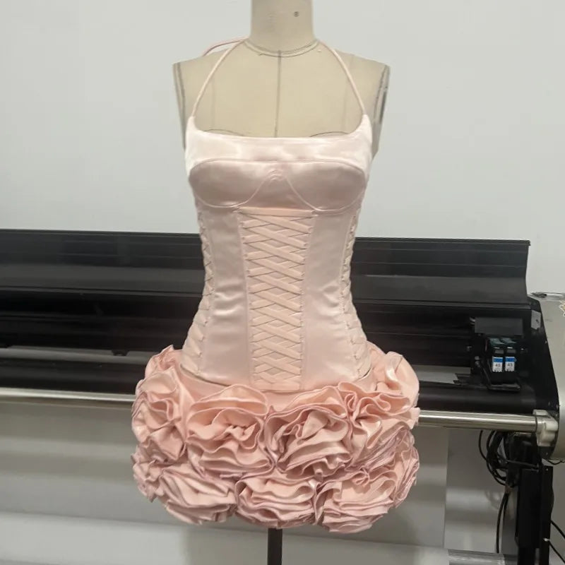 Pink Prom Dress Strapless Pink Structured Top With Floral Embellished Mini Skirt Bodycon Celebrity Party Cocktail 2 Pieces Set