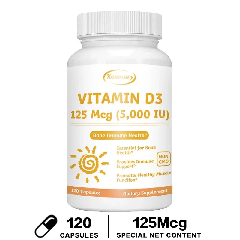 Vitamin D3 Capsules - Promote Calcium Absorption, Promote Bone Teeth and Skin, Nerve, Heart Health, Support Immunity 120 Capsules