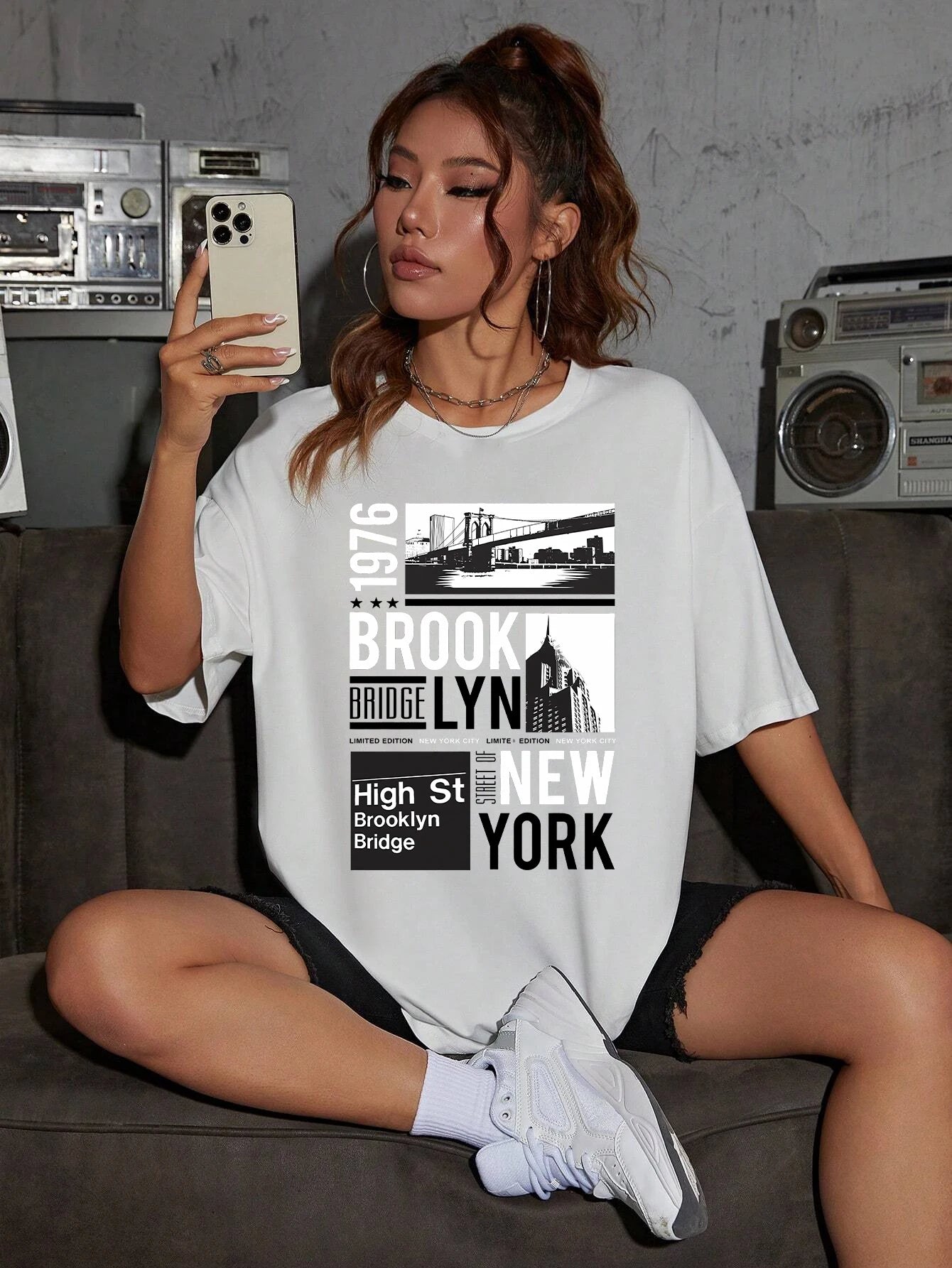 New York Brooklyn 1976 Printing Women T-Shirt Creativity Casual Tee Shirts Street Hip Hop Short Sleeve Basic All-Match Tshirts White