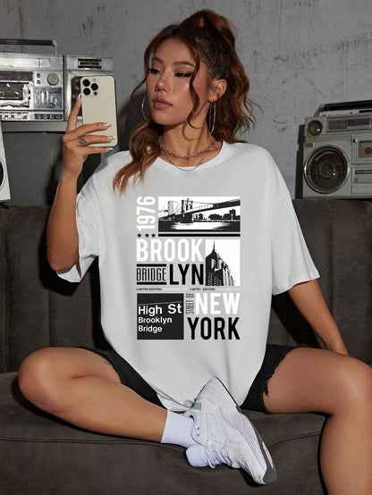 New York Brooklyn 1976 Printing Women T-Shirt Creativity Casual Tee Shirts Street Hip Hop Short Sleeve Basic All-Match Tshirts White