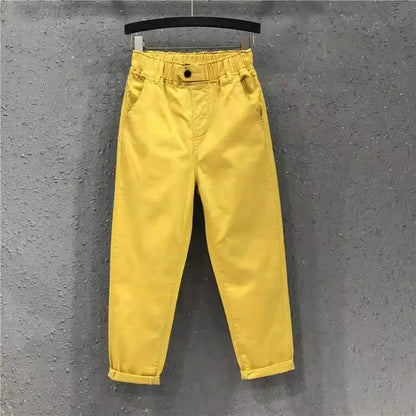 New Spring Summer Women Casual Harem Pants All-matched Casual Cotton Denim Pants Elastic Waist Solid Yellow White Jeans Female Yellow