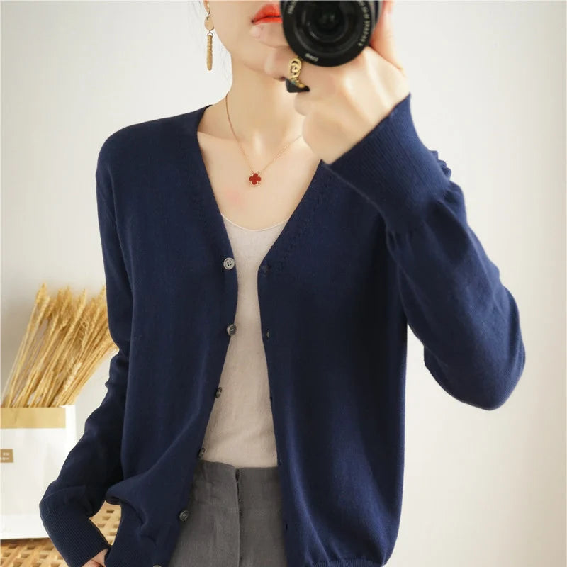 100% Cotton Line Long Sleeve V-Neck Knitted Cardigan Women Loose Short Solid Color Simple Sun Protection SMY K61