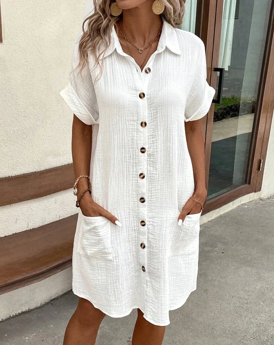 Vintage Women Solid Mini Dress Summer Fashion V-neck Three Quater Sleeve Cotton Linen Dress Ladies Casual Holiday Vestidos WHITE