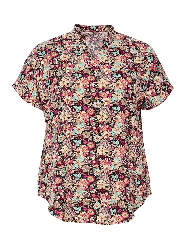 Plus Size 2024 Summer New Women's Floral T Shirt Loose Casual High Neck Summer Best Choice Brown