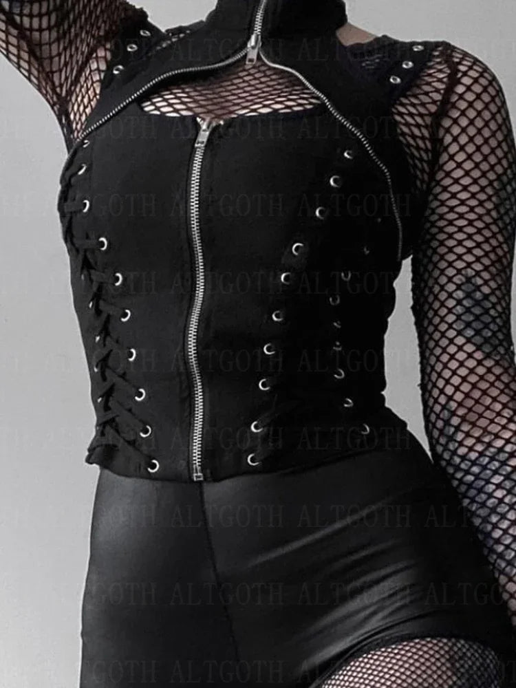 Y2k Dark Punk Gothic Corset Vest Women 2024 High Waist Bandage Crop Tank Tops Streetwear Emo Alt Harajuku Halter Rave Outfits