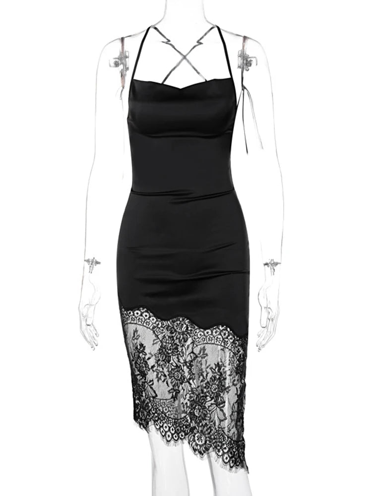 Dulzura Lace Patchwork Satin Mini Dress Women Bodycon Sexy Lace Up Backless Short Dress Party Elegant Clothes Birthday Evening