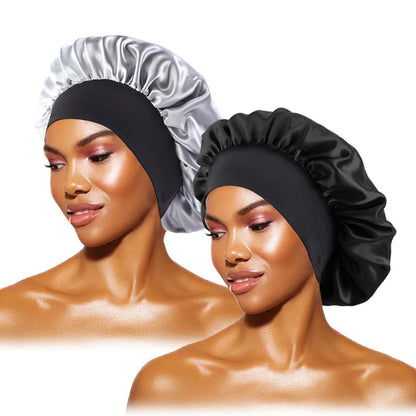Women's Satin Solid Bonnets Wide-brimmed Night Sleeping Bathing Hat Unisex Head Wrap Elastic Band Cap Hair Care Bonnet black sliver One Size