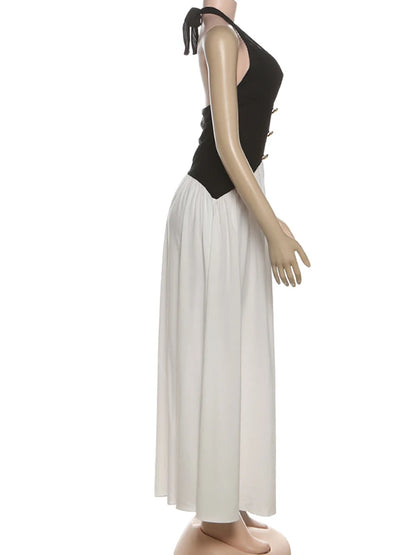 Patchwork Stripe Button Elegant Stretch Skinny French Maxi Bodycon Sexy Halter Dress Women Backless Low Chest Lace-Up Overalls