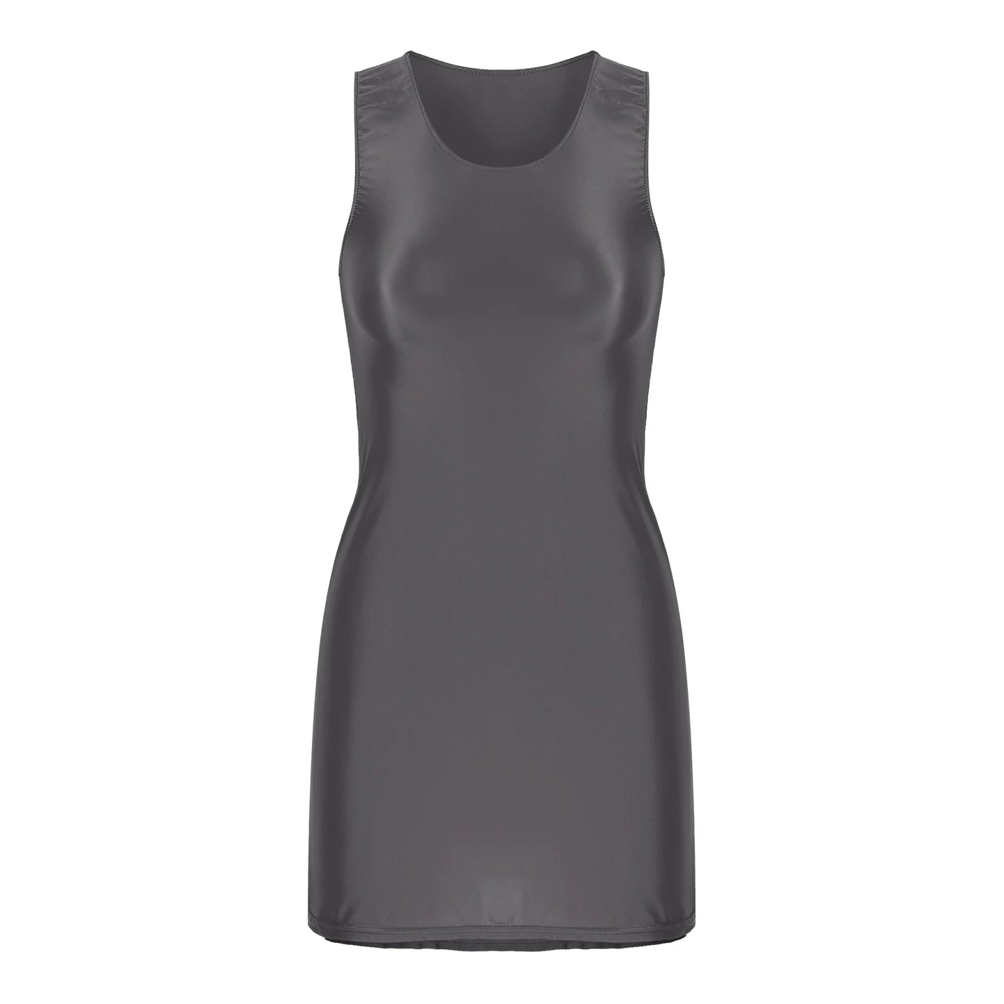 Women's Oil Glossy Stretch Tank Mini Dress Solid Color Sleeveless Tights Bodycon Short Dress Stretch U Neck Party Sundress Dark Grey