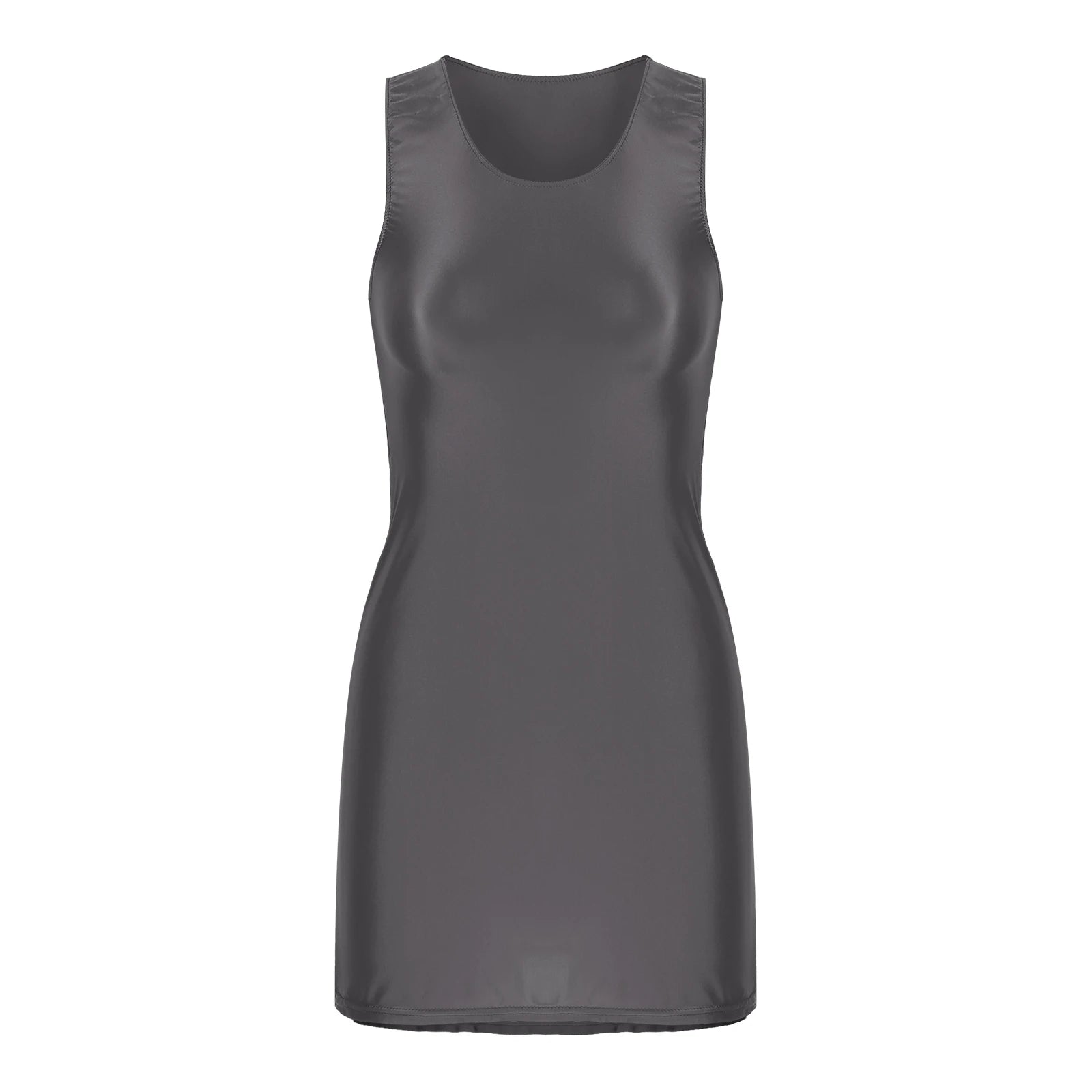 Women's Oil Glossy Stretch Tank Mini Dress Solid Color Sleeveless Tights Bodycon Short Dress Stretch U Neck Party Sundress Dark Grey