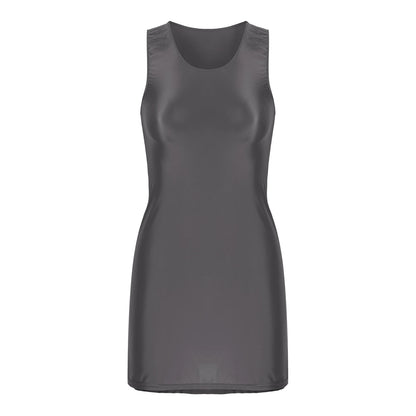Women's Oil Glossy Stretch Tank Mini Dress Solid Color Sleeveless Tights Bodycon Short Dress Stretch U Neck Party Sundress Dark Grey
