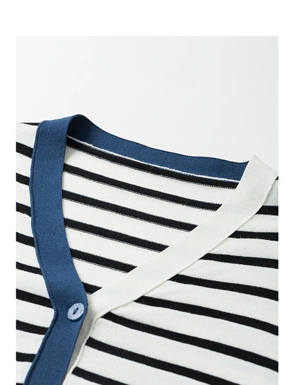 TOYOUTH Women Knitwear 2025 Summer New Short Sleeve Striped Contrast Color Pullover Tops 8523018