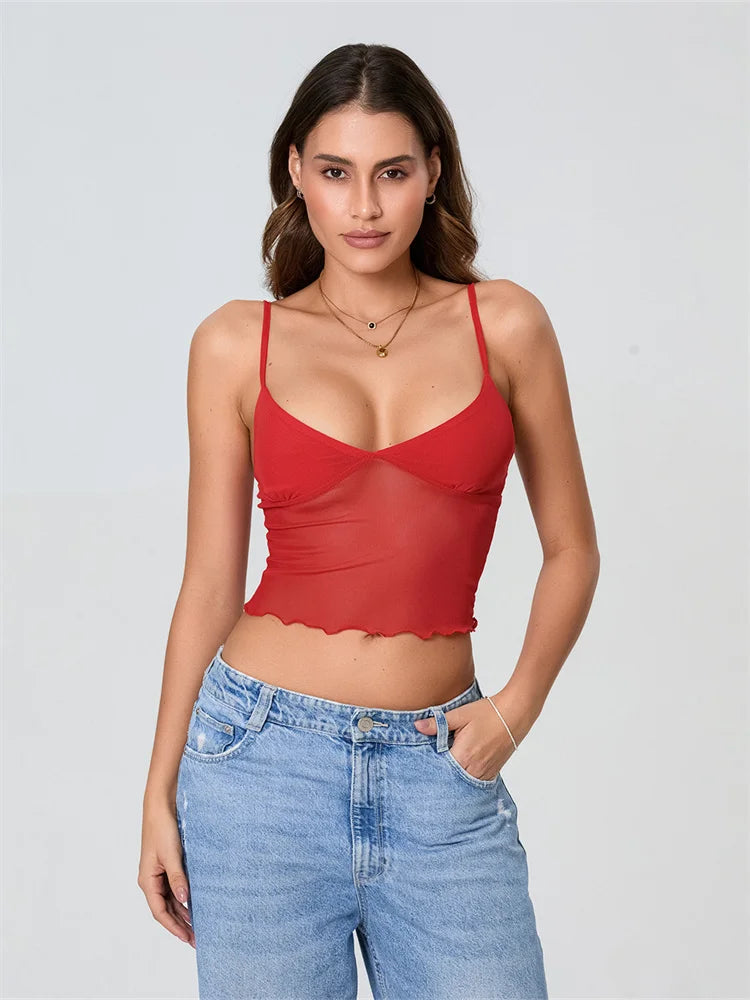 Women Camisole Tops Spaghetti Straps Tulle Patchwork Slim Fit Tank Tops Party Club Sexy Vinateg Corset Cropped Top Summer