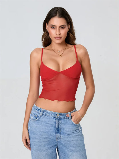 Women Camisole Tops Spaghetti Straps Tulle Patchwork Slim Fit Tank Tops Party Club Sexy Vinateg Corset Cropped Top Summer