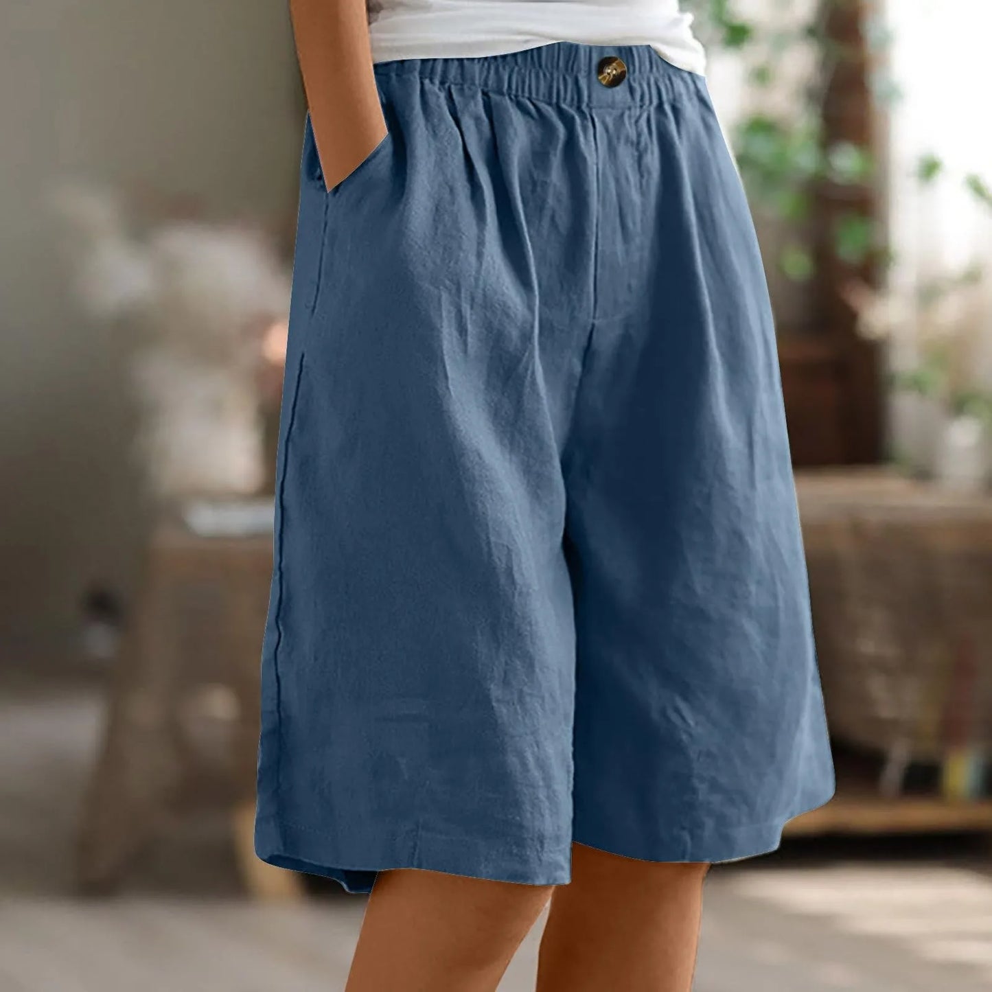 Female Fashion Solid Color Elastic High Waist Pocket Button Up Loose Cotton Linen Five Length Shorts Summer Soft Comfort Pants Blue