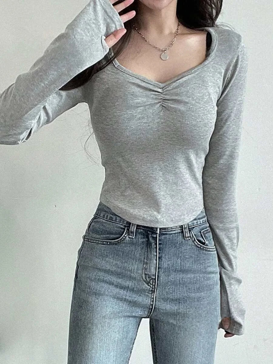 Women Long Sleeve Tops - Sexy Going Out Sweetheart V Neck Basic Shirts Tight Slim Fall Trendy Clothing