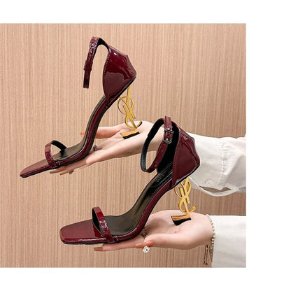 High Heel Open End Sandals, Sexy, with Unique Strap, Red Wine Color, Elegant Personality New Summer Style Elegant Ladies Sandals