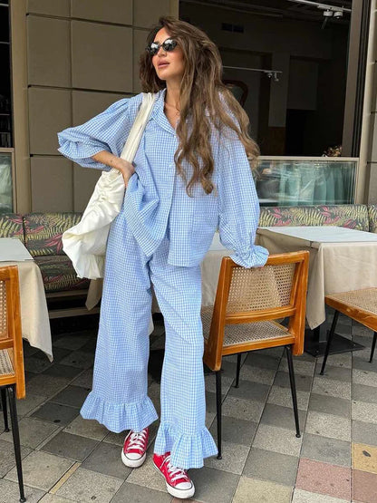 Marthaqiqi Striped Women Pajamas Set Turn-Down Collar Sleepwear Long Sleeve Nightgown Pants Casual Ladies Nightwear 2 Piece Suit Blue CN