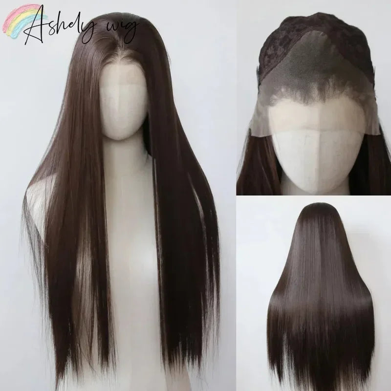 13*4 Dark Brown Synthetic Lace Front Wigs Chocolate Brown Long Straight Lace Front Wig for Women Pre Plucked Natural Hairline Brown Black