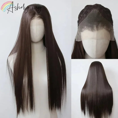 13*4 Dark Brown Synthetic Lace Front Wigs Chocolate Brown Long Straight Lace Front Wig for Women Pre Plucked Natural Hairline Brown Black