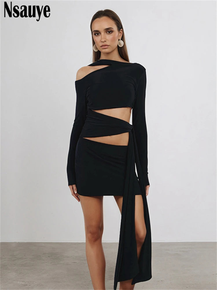 Nsauye Women New Fashion Halter Long Sleeve Mini Hollow Out Irregular Dress Outfits Elegant Sexy Night Club Lace Up Party Dress black