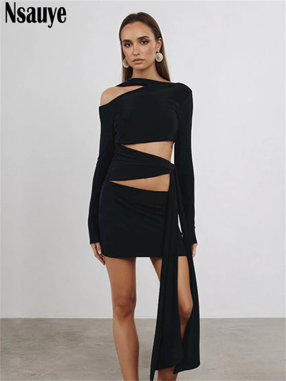 Nsauye Women New Fashion Halter Long Sleeve Mini Hollow Out Irregular Dress Outfits Elegant Sexy Night Club Lace Up Party Dress black