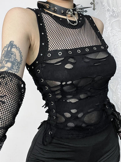 AltGoth Cyber Y2k Hole Vest Women Streetwear Harajuku Vintage Gothic Sexy O-neck Mesh Patchwork See Through Crop Tank Tops Femme Black