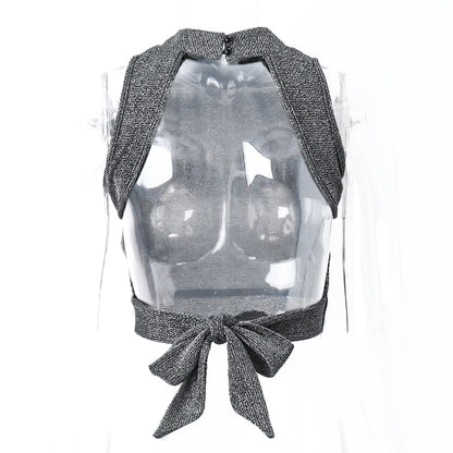 WhereMery Sexy Women Backless Tank Top Y2K Bling Glitter Sleeveless Bandage Crop Tops Summer Girl Fashion Streetwear Skinny Vest