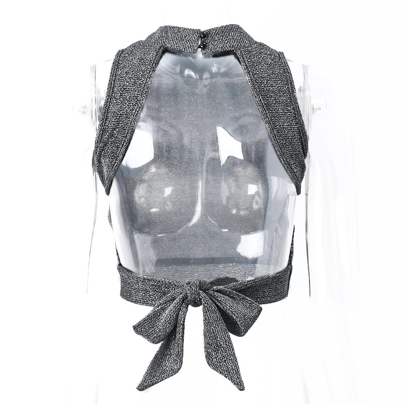 WhereMery Sexy Women Backless Tank Top Y2K Bling Glitter Sleeveless Bandage Crop Tops Summer Girl Fashion Streetwear Skinny Vest