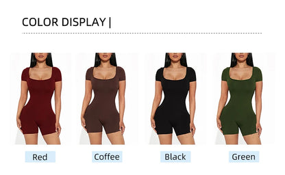 2025 Summer New Women's Sexy Solid Color Short Sleeve U Neck Jumpsuit Short Jumpsuit Yoga Fitness One Piece Polyester